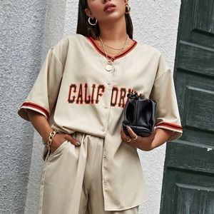 COPY - Contrast striped letter graphic “California” button up oversized top.